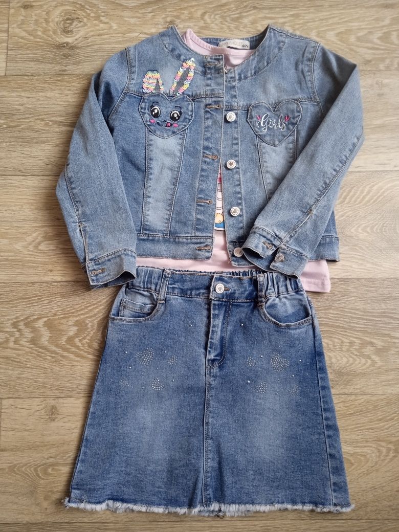 Komplet 116-122 jeans kurtka spódnica i bluzka
