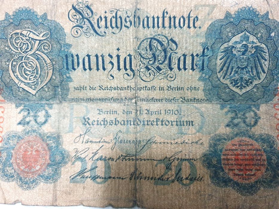 Antiga Reichsbanknote 20 zwanzig Mark de 1910