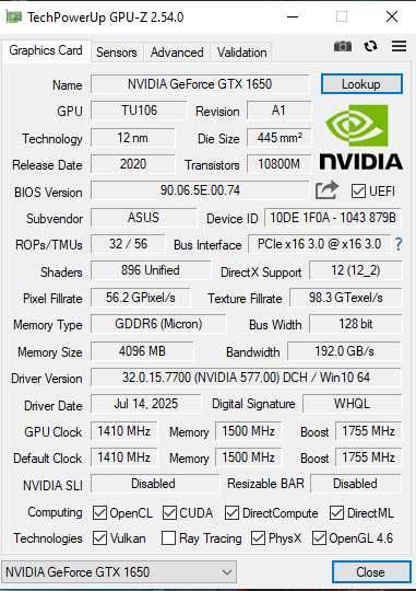 Asus  TUF OC Gaming GeForce GTX 1650 4GB GDDR6