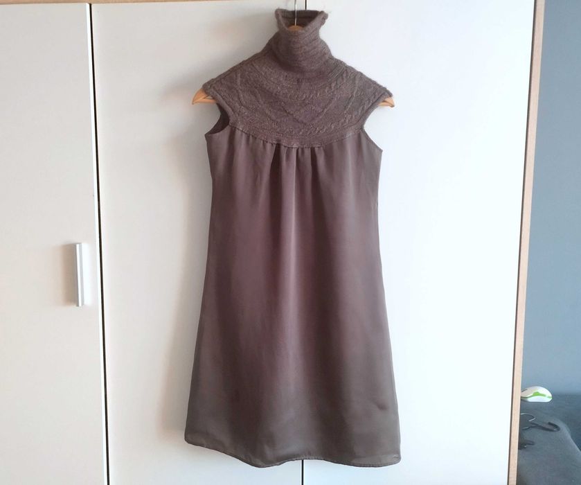 Sukienka Reserved rozmair 36. Szaro-Brązowa z kołnierzem z wełny