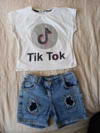 Футболка з стразами  tik tok і джинсові шорти для дівчинки р 134 140
