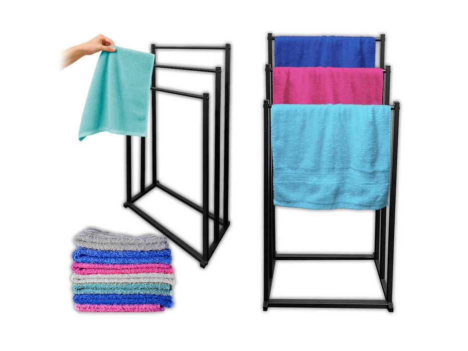 wieszak na ręczniki łazienkowe stojak czarny podłogowy 3 poziomy metal
