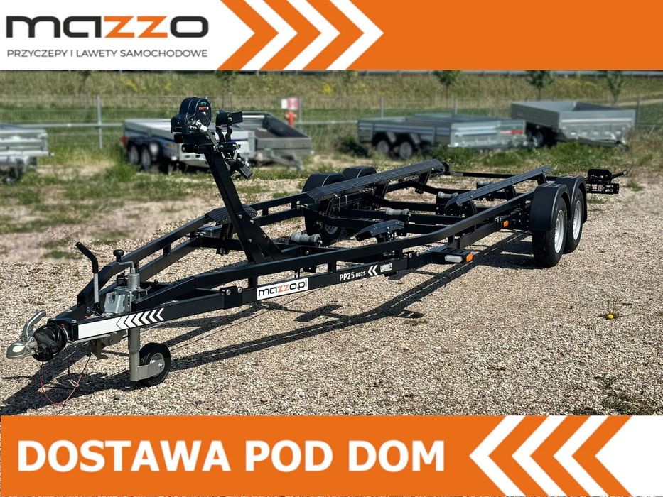 Lorries DOSTAWA Przyczepa dwuosiowa podłodziowa max 7,8m UCHYLNE LAMPY LED czarna PREMIUM DMC 2500kg  Przyczepa podłodziowa z łożami dwusiówka DMC 2,5t lakierowana na czarn