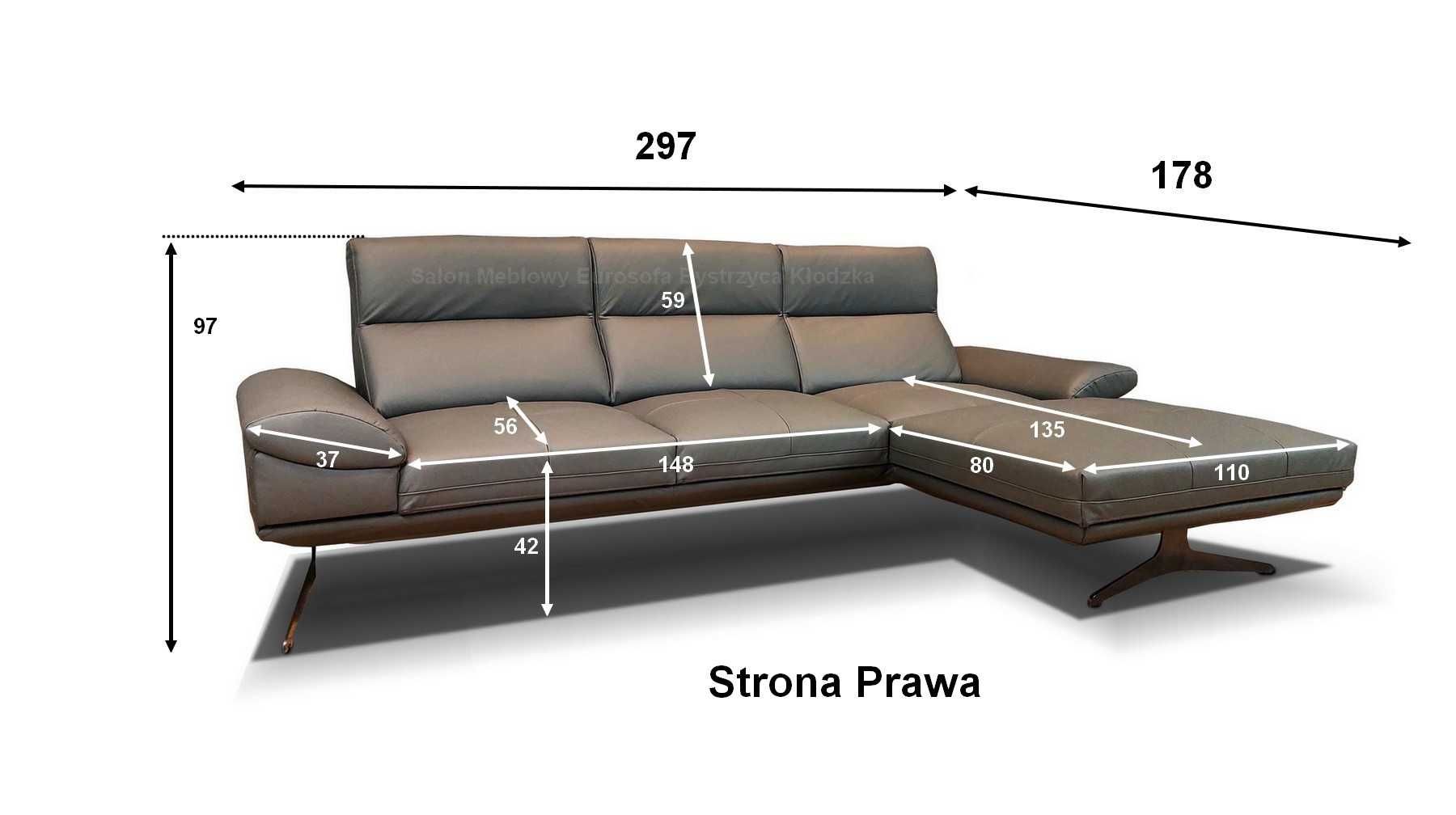 Nowoczesny narożnik skórzany 297x198cm, sofa ze skóry, rogówka SKÓRA