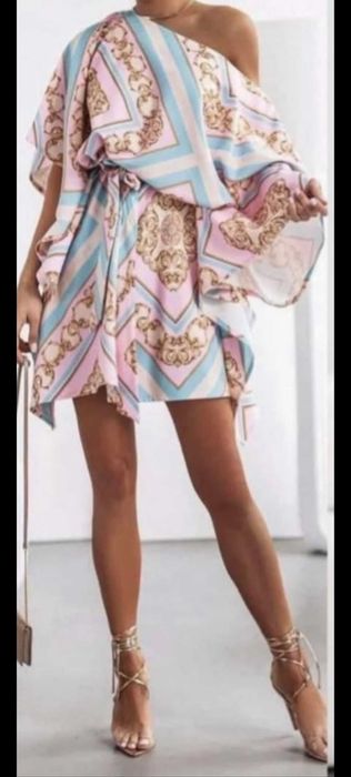 Nowa Sukienka wizytowa nietoperz, asymetryczna z paskiem, Glam-Boho