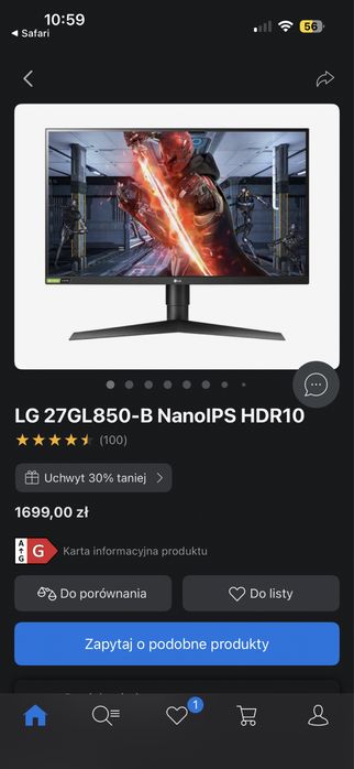 Zestaw 2x Monitor LG 27” UltraGear™ 144Hz 27GL850 i uchwyt FIBER