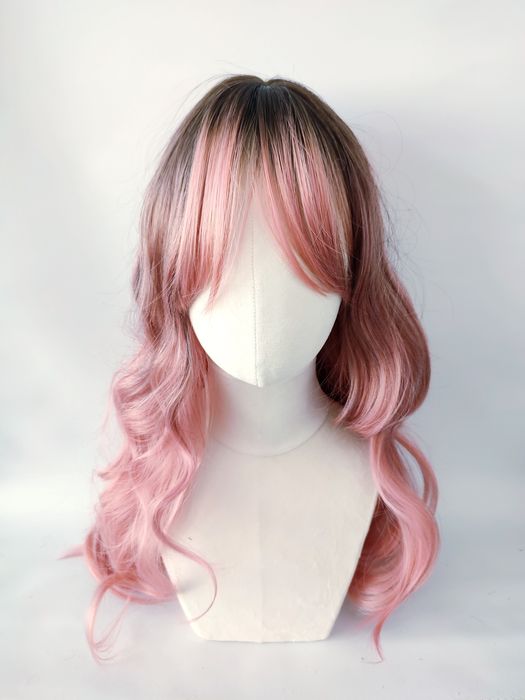 Peruka premium różowa różowe włosy ombre 66 cm fale loki