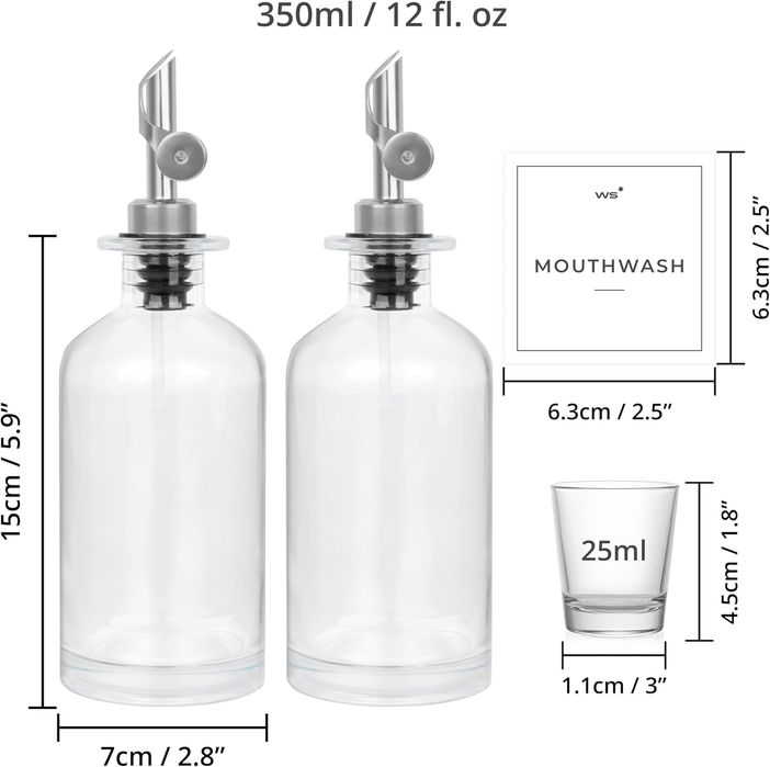 2x Elegancki Dozownik do Płukanki Ustnej Szklany 350ml z Akcesoriami