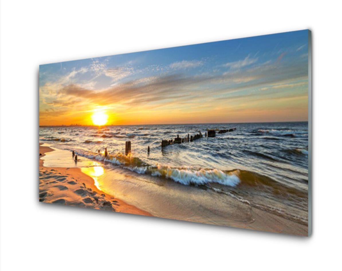 Piękny obraz szklany plaża słońce nowy w wymiarze 100x50cm.