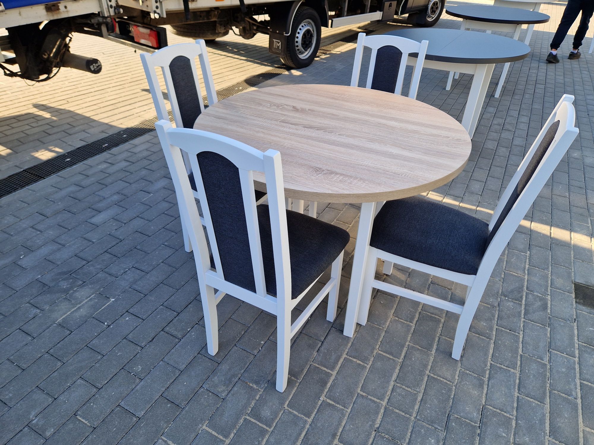 Nowe : Stół okrągły + 4 krzesła, biały/sonoma + grafit, dostawa PL
