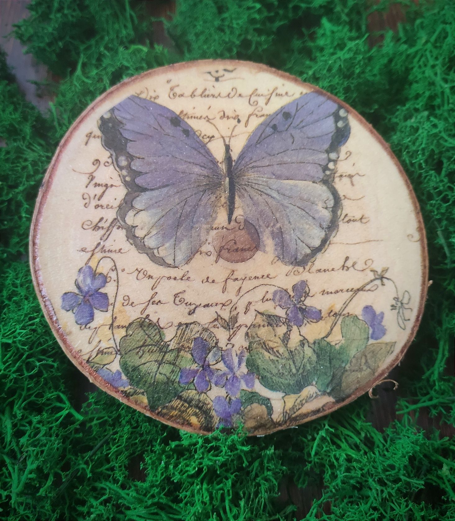 obraz decoupage - motyl w fiołkach