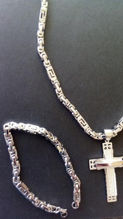 Srebrny łańcuszek z krzyżykiem plus bransoletka,splot króleski 316l