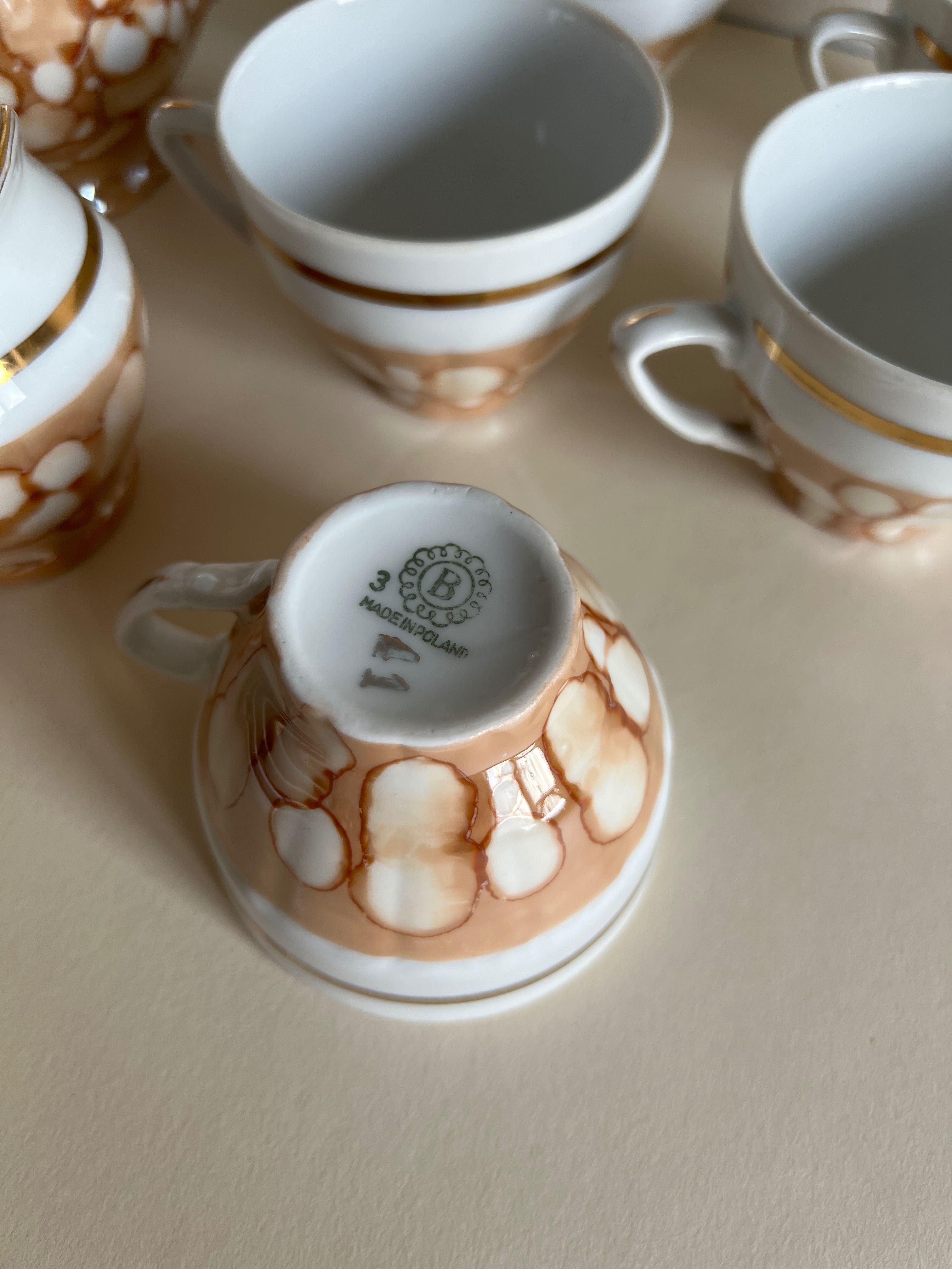 Porcelana Bogucie serwis kawowy PRL vintage marmurkowy
