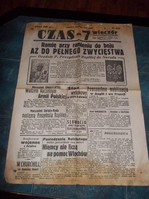 Sprzedam oryginalną gazete Czas-7 z 1 wrzesnia 1939