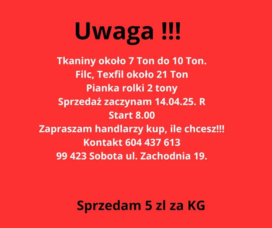 tkaniny dzianiny materiały 2zl kg około 7 tony sprzedam