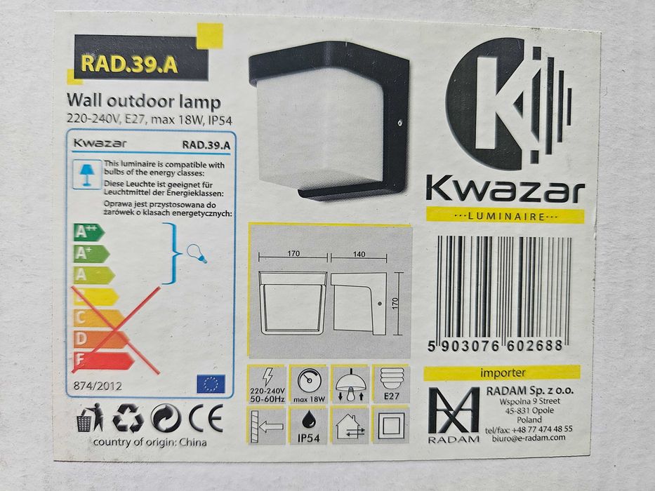 Lampa Zewnętrzna Ścienna IP54 Czarna – Taras, Balkon, Ogród, Nowoczesn