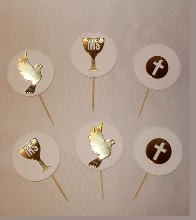 6x Pikery złote Ślub Pierwsza Komunia Św. gołąbek hostia kielich