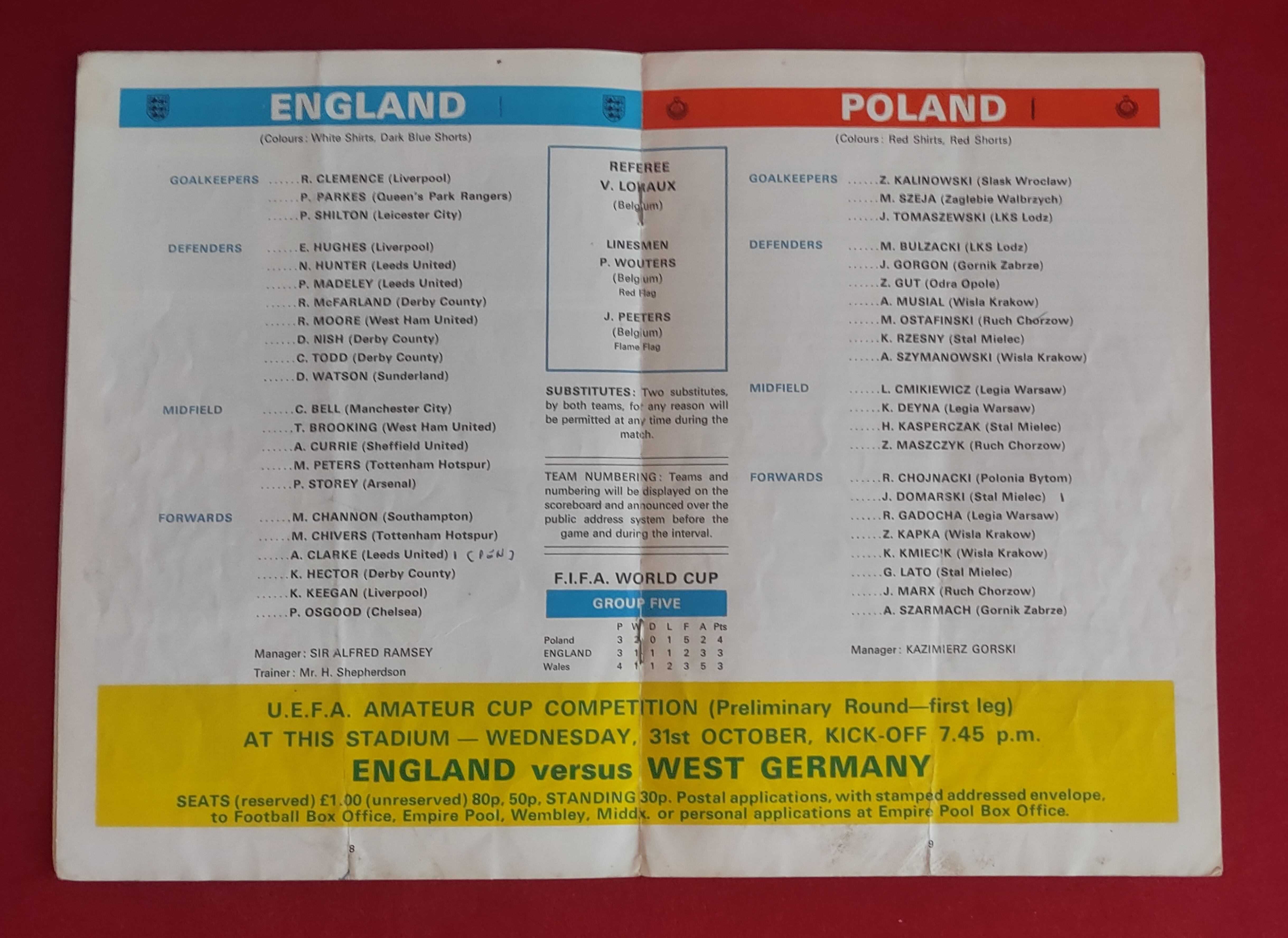 Oryginalny program z meczu Anglia - Polska z Wembley 17.10.1973