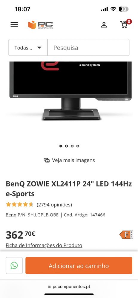 Monitor BenQ zowie XL2411P 24" LED 144Hz