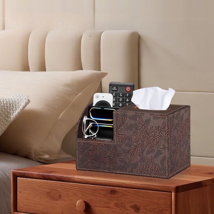 Organizer Biurko 2 Przegródki Pudełko Chusteczki Skóra PU Brązowy