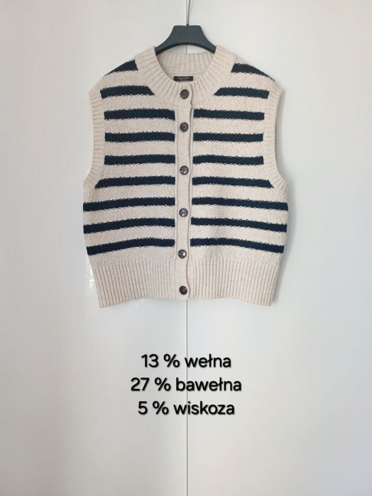 Massimo Dutti dzianinowa kamizelka w paski beż wełna bawełna na guziki