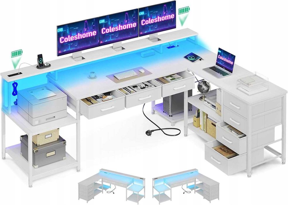 Biurko Gamingowe Narożne Coleshome 199,5 x 145,5 x 90 cm Biały