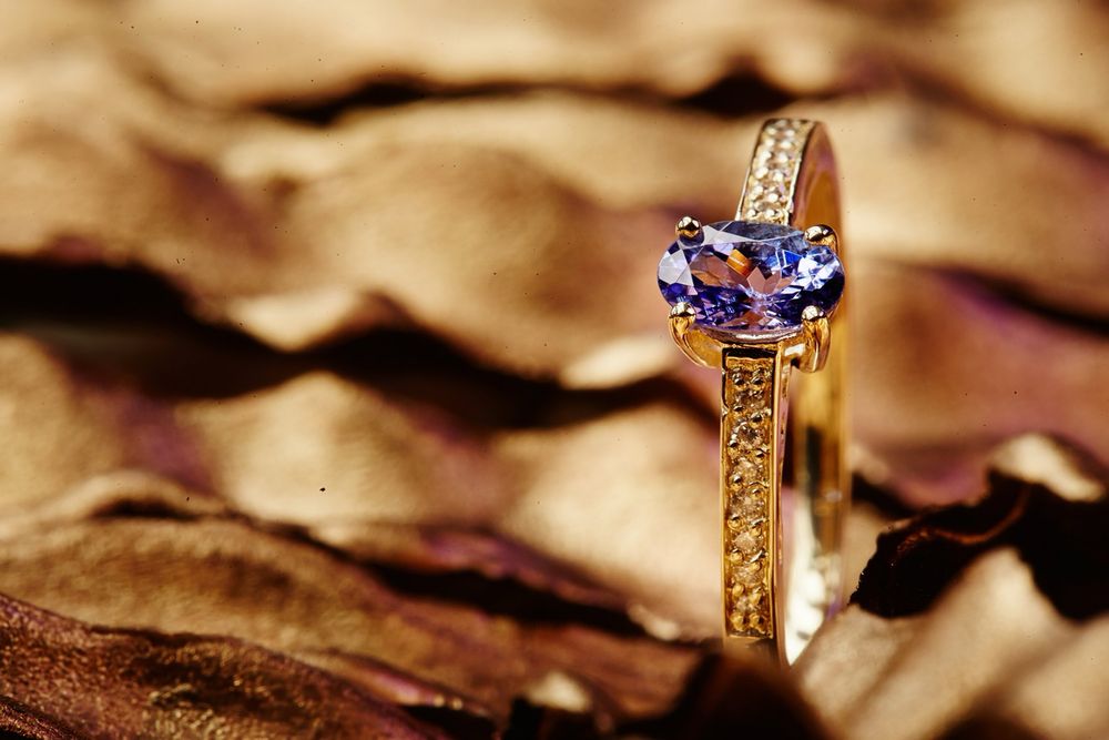 Pierścionek złoty Tanzanit Diamenty 585 próba Certyfikat