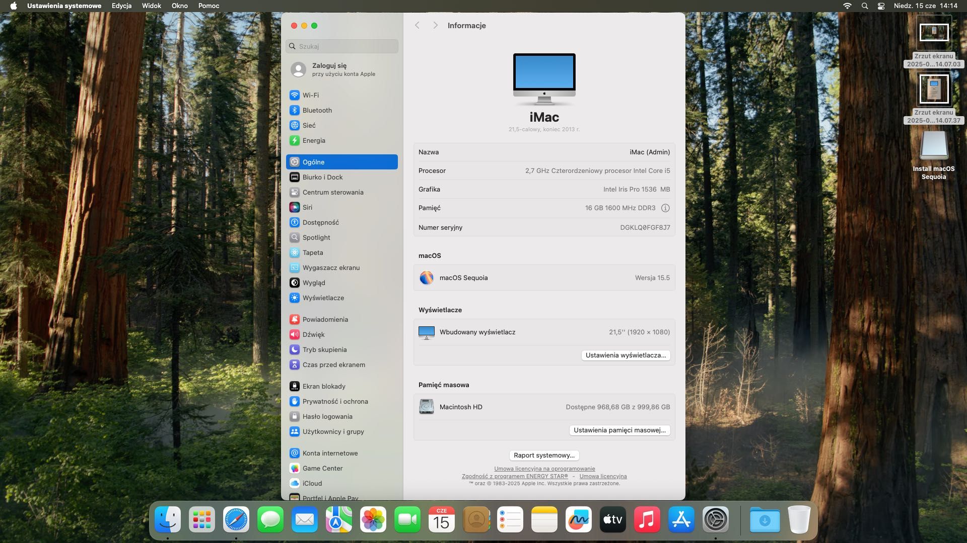 iMac 21,5” macOS Sequoia 15.5 + 16 GB RAM + klawiatura i mysz Apple