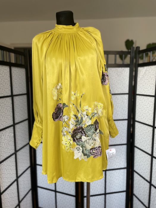 Musztardowa sukienka mini kwiaty haft 42 xl 44 xxl asos luxe wiskoza