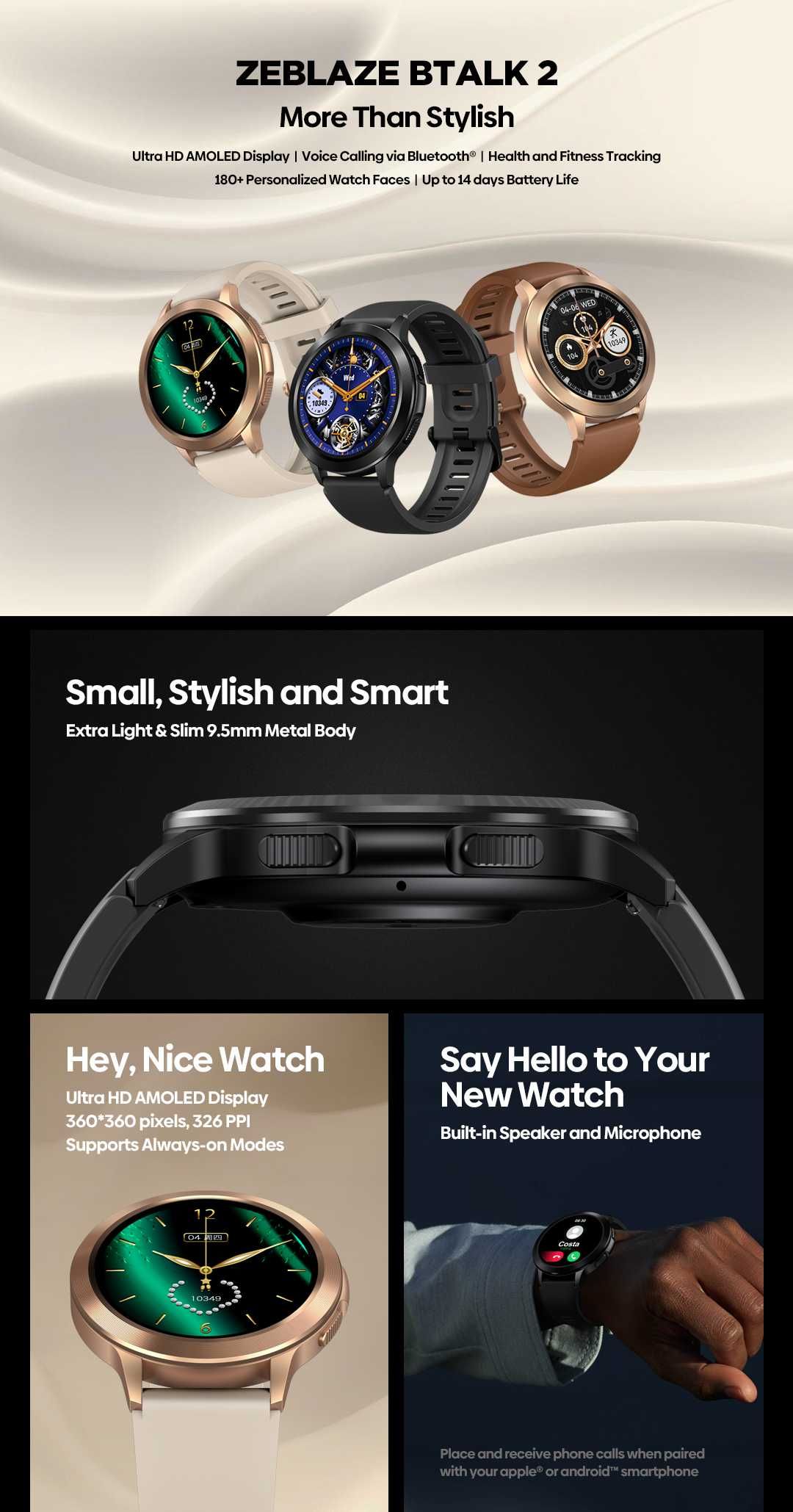 Smartwatch Zeblaze Btalk 2,- Amoled, Bluetooth call, Nowy - brązowy