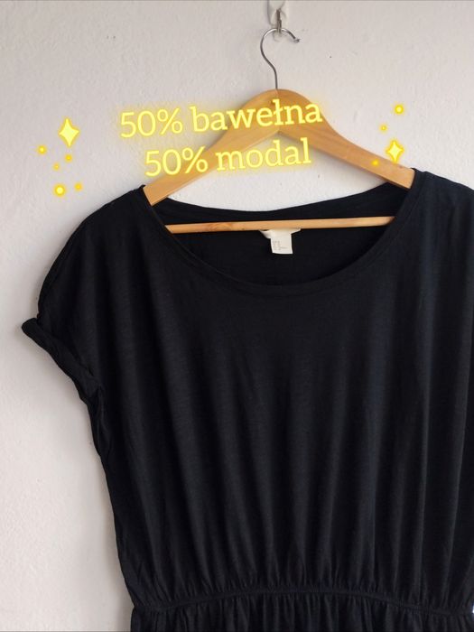 Krótka sukienka damska czarna L z gumką w talii z kieszeniami modna