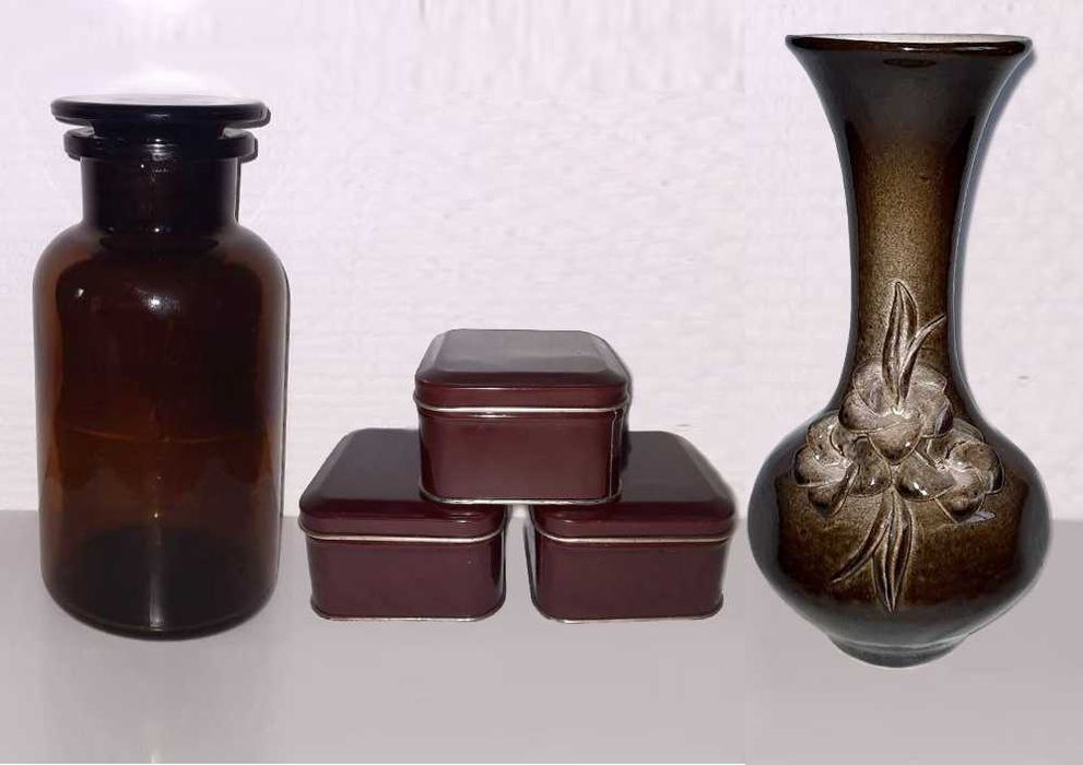 Комплект коричневая банка h 17 см + 3 емкости для приправ + ваза