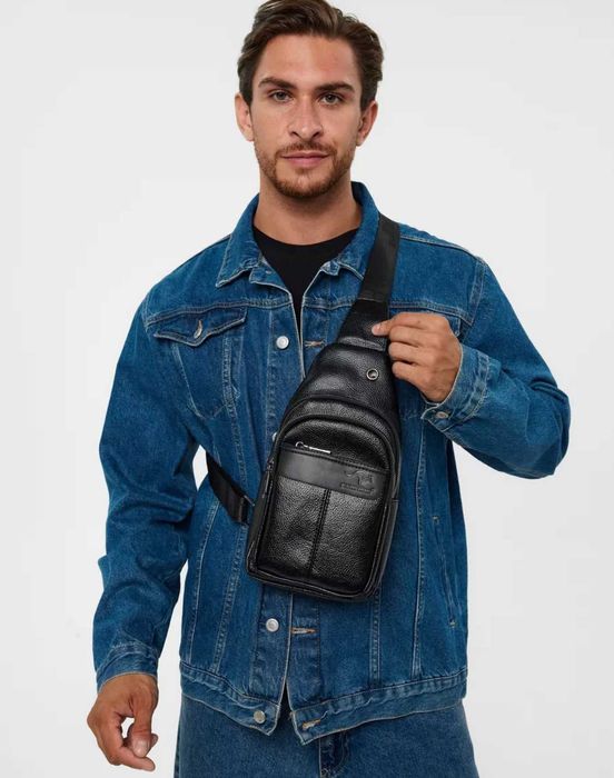 Чоловіча черная кожаная сумка бананка месенджер слінг барсетка 3в1