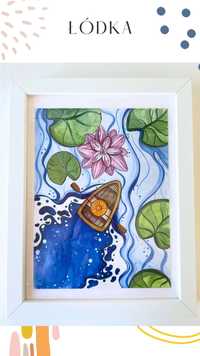 Ręcznie malowany obrazek w ramce "Łódka"