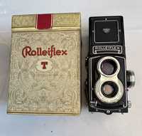 Máquina Fotográfica Médio Formato Rolleiflex T, com caixa em cartão.
