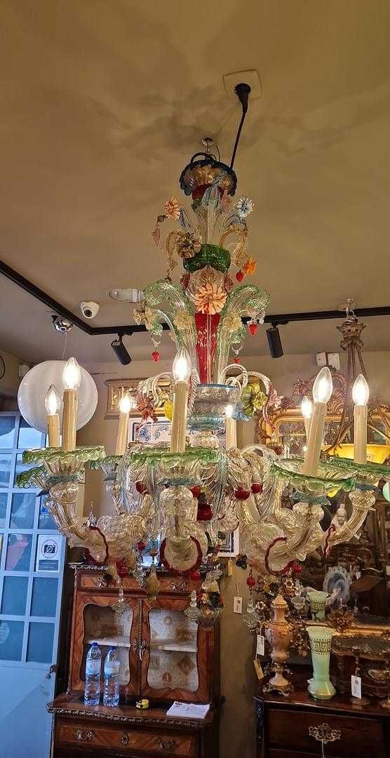 Lustre Murano 8 Braços Vidro Soprado Multicolorido com Flores Séc. XX