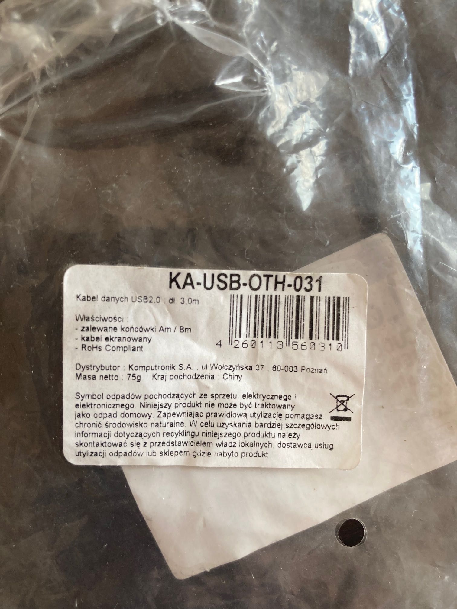 Kabel danych USB  A-B LogiLink - 3 metry (nieużywany)
