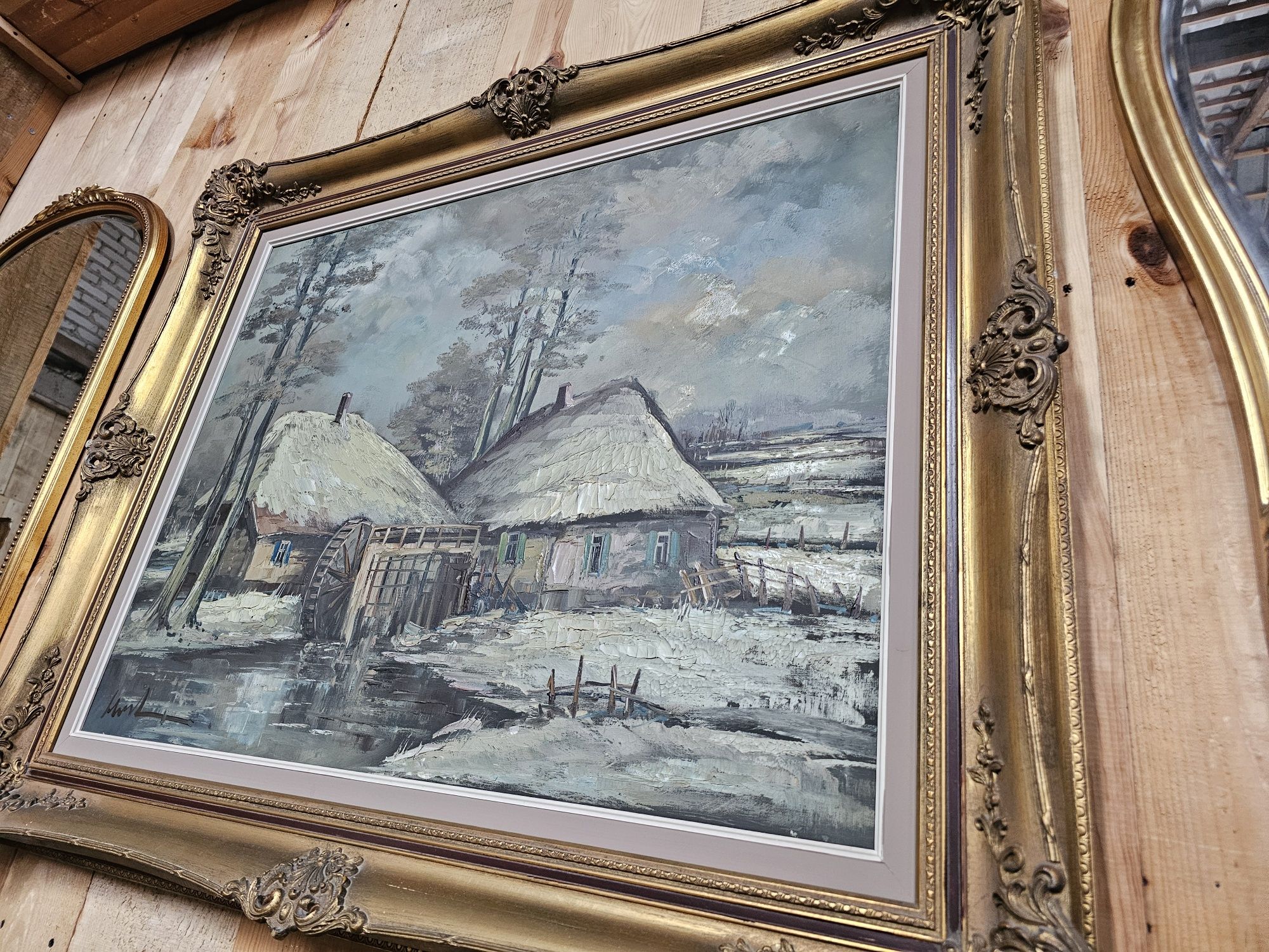 Obraz malowany na płótnie zima młyn w złotej ramie #863 Stylowy Węgrów
