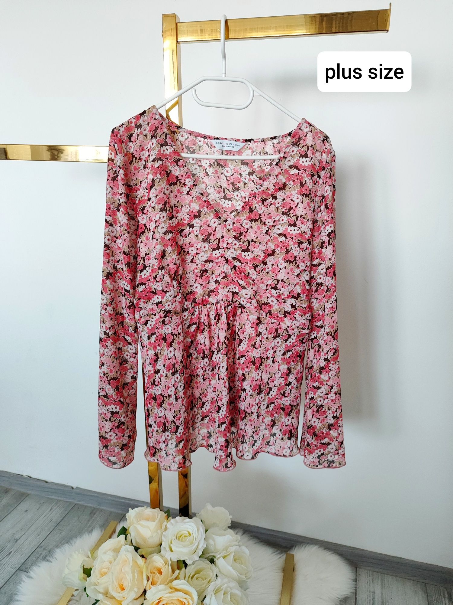 Piękna koszula bluzka mgiełka w kwiaty wiązana baskina plus size