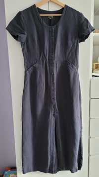 Granatowa midi sukienka lniana z wiskozą L