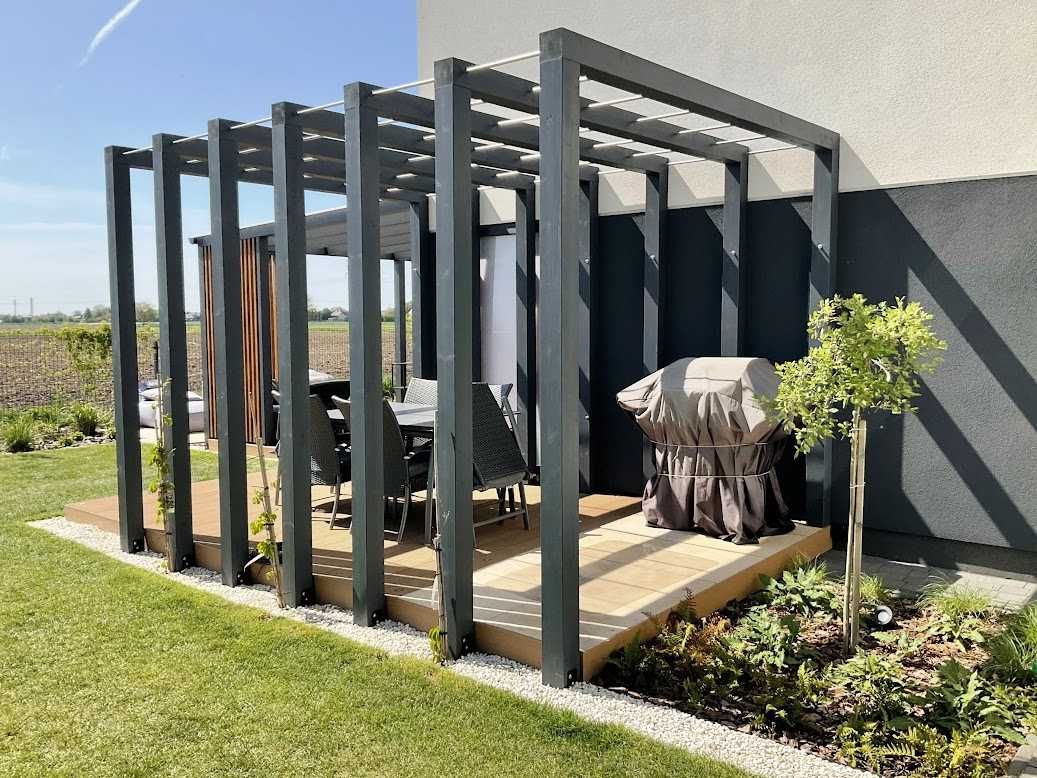 Zadaszenie tarasu, pergola, drewno BSH, shutters, altana, poliwęglan