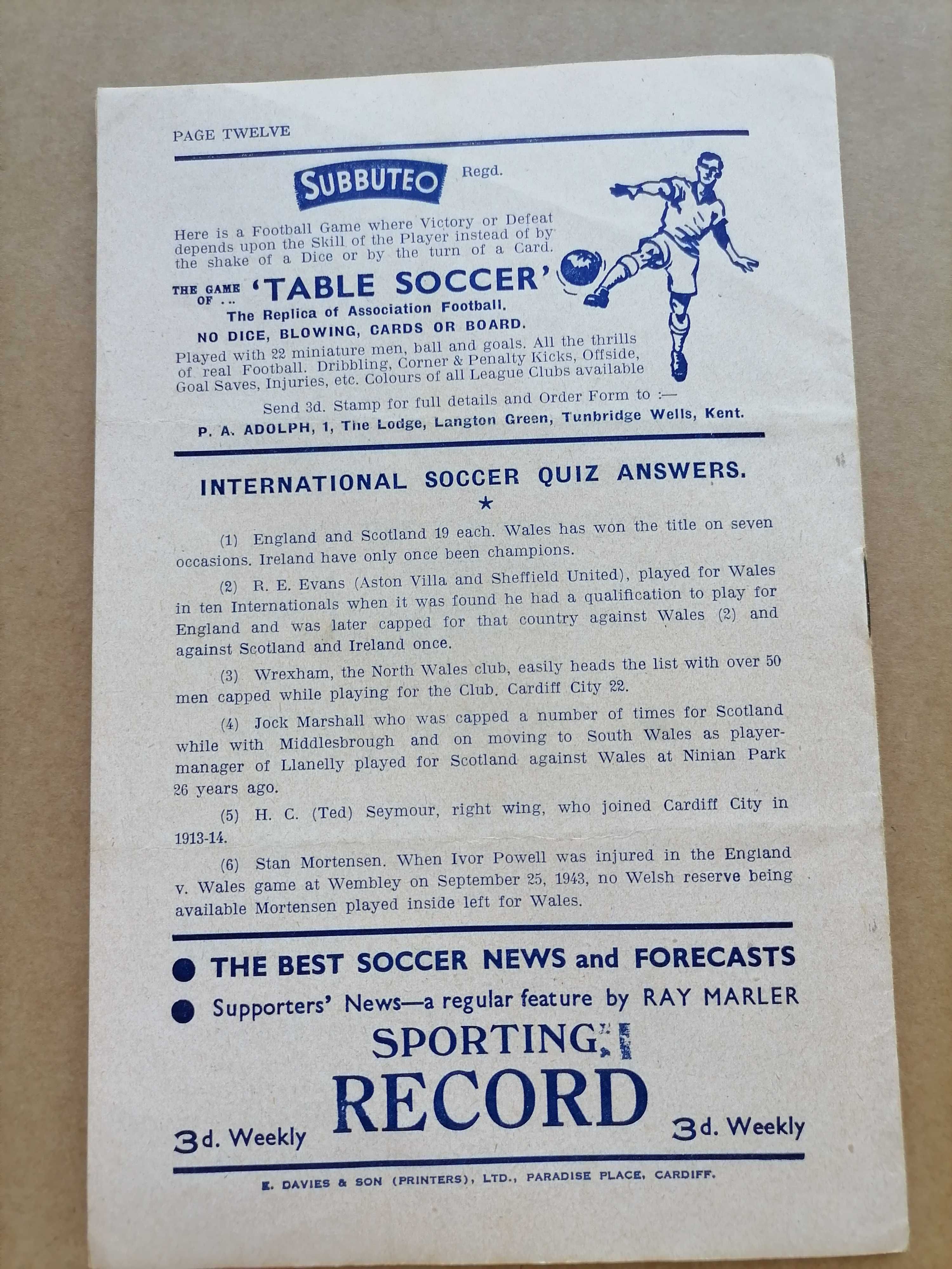 Official Programme WALES vs PORTUGAL 1951 International Football Match
