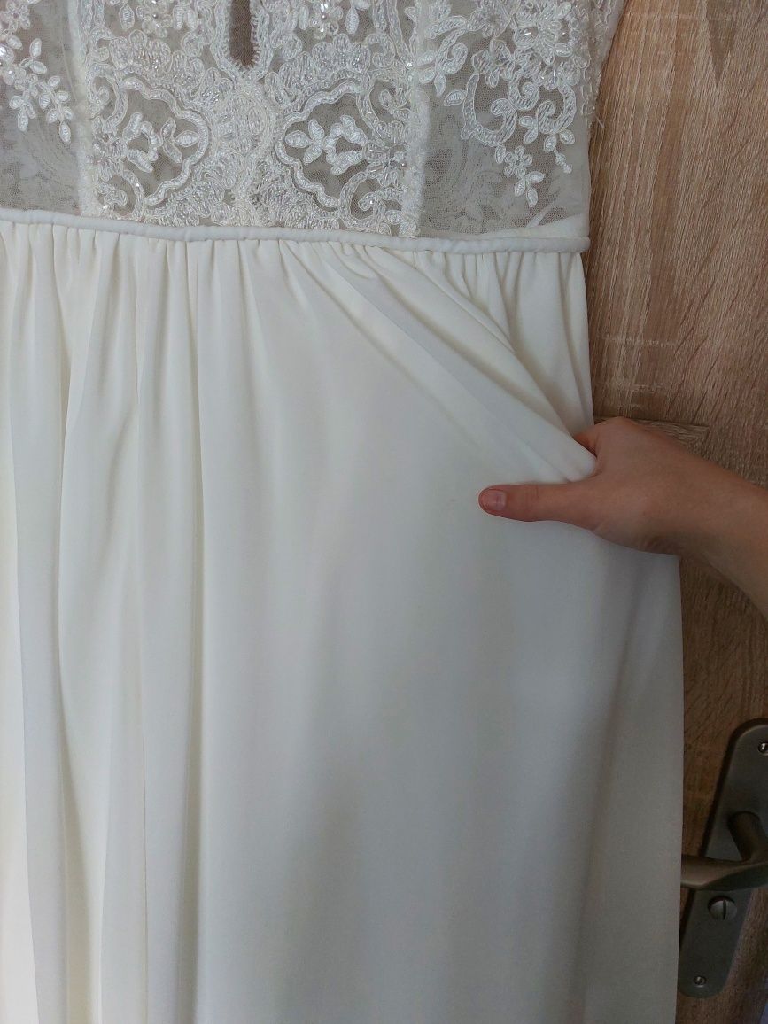 Suknia ślubna zwiewna boho litera A ecru śmietankowa