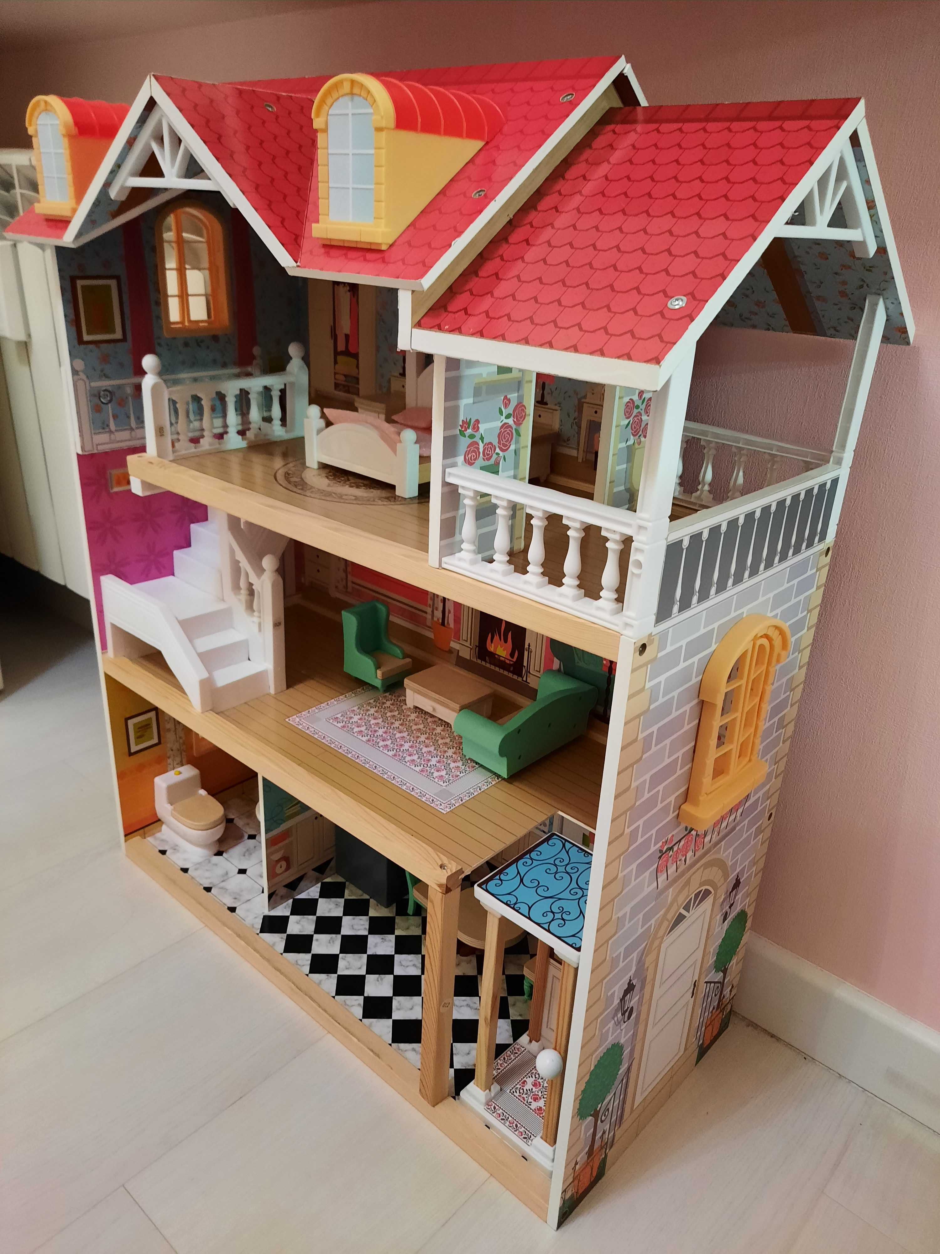 Drewniany domek dla lalek z wyposażeniem VILLA ROSA firmy BINO