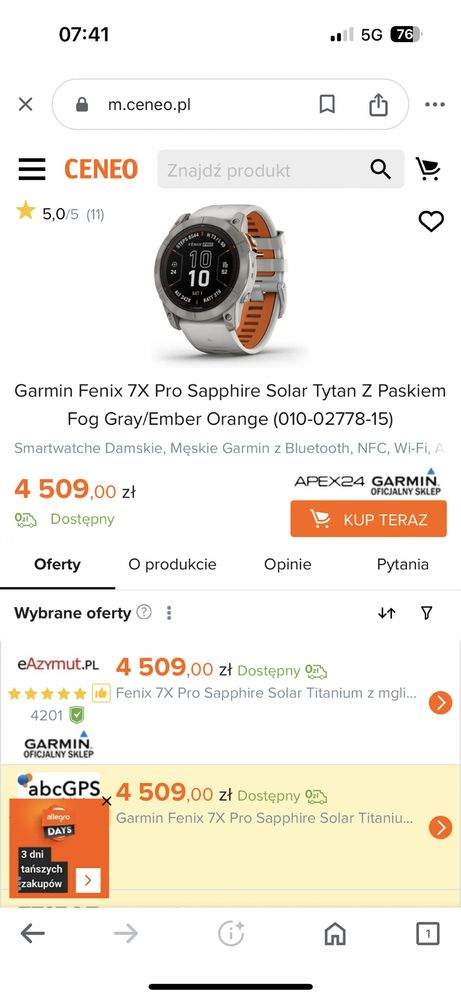 Garmin Fenix 7x PRO Sapphire Solar