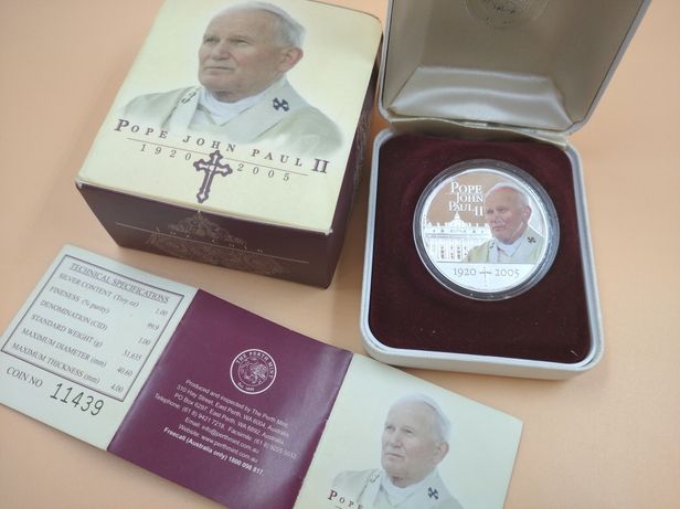 Папа Джон Павел 2. Серебряная монета Perth mint, 1 доллар. Срібло.