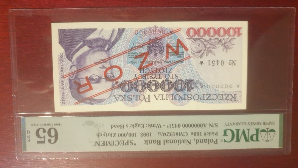 Banknot 100000 zł z 1993roku wzór PMG 65