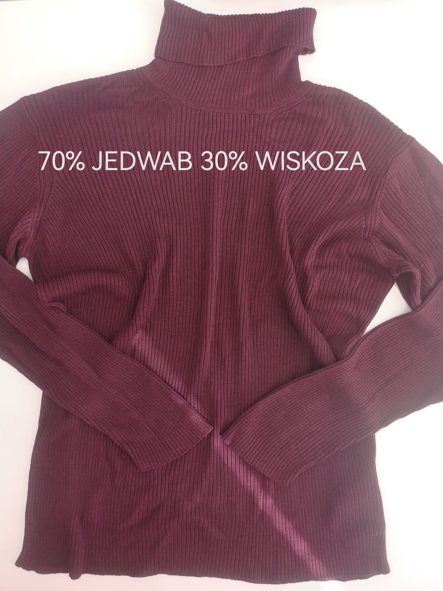 Piękny bordowy golf z rewelacyjnym składem 70% jedwab i 30% wiskoza L