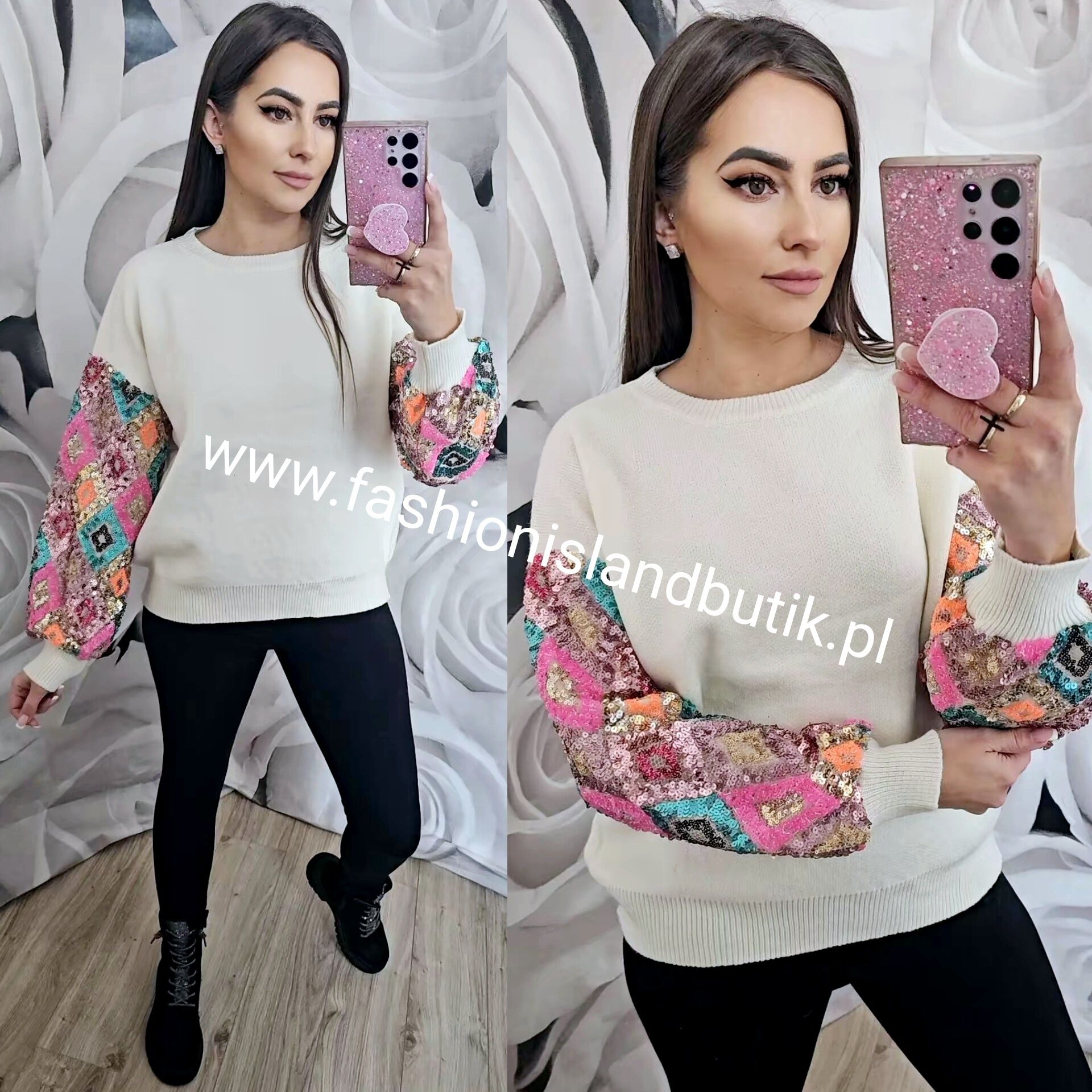 Sweter z cekinami na rękawach