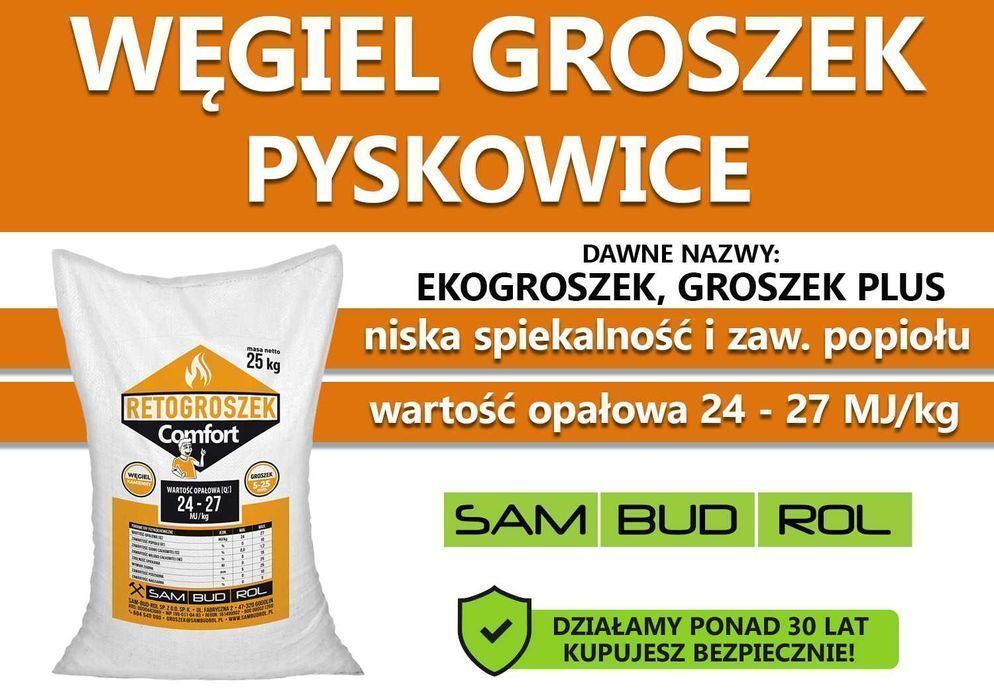 Węgiel GROSZEK (dawniej ekogroszek) PYSKOWICE, niska spiekalność !